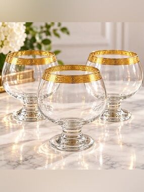 VTG Cellini Godinger Crystal Brandy Snifters 24K Gold Turkey Set of 3